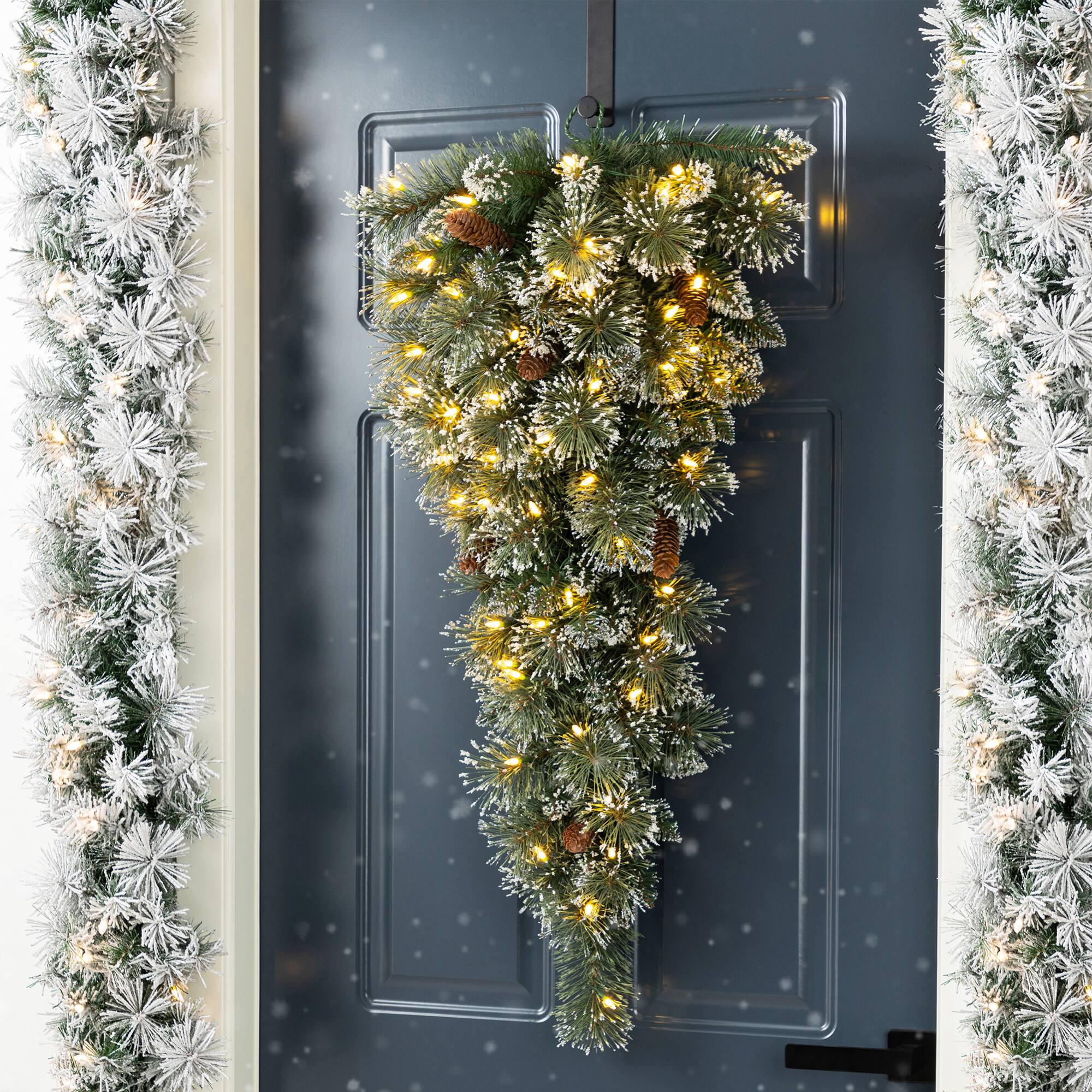 Glitzhome® 3ft Pre-Lit Frosted Greenery Pinecones Christmas Teardrop, LED Lights and Timer